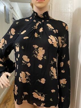 Reformation Black Floral High-Neck Long-Sleeve Blouse